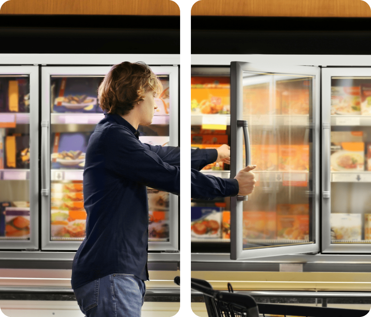 33 A man standing in front of an open freezer.