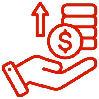 A hand holding a coin with an arrow pointing up.